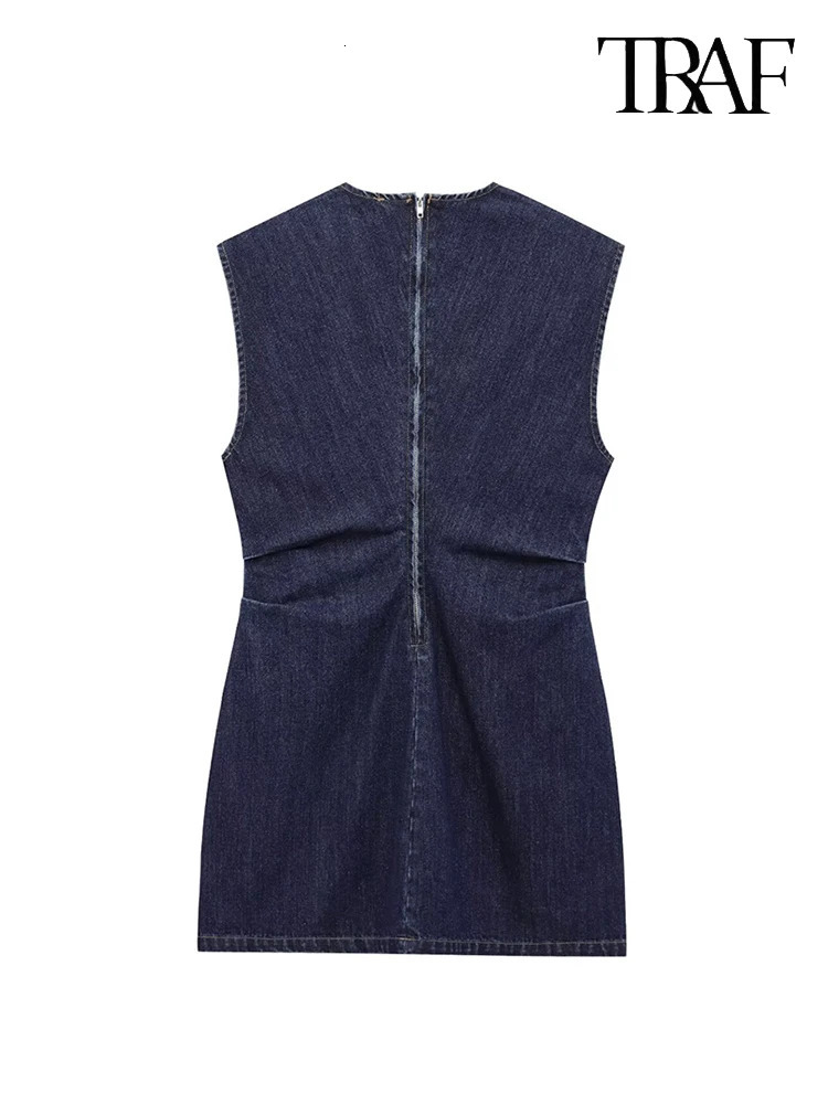 TRAF Womens Fashion Street Style Vintage Denim Mini Dress Simple Casual Solid Color Round Neck Waisted Back Zipper Dress 250609