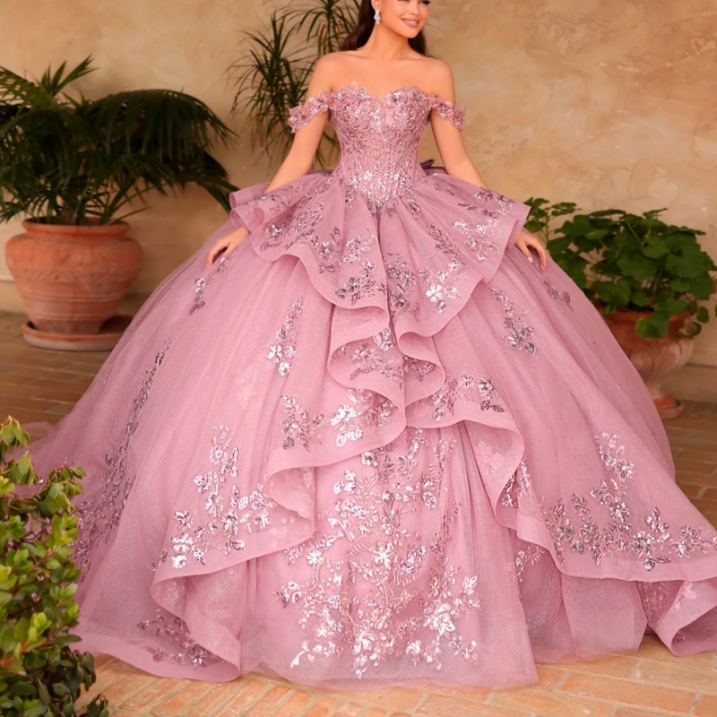Pink Shiny Quinceanera Dresses Ball Gown Off The Shoulder Applique Lace Beads Bow Tull Sweet 16 Dress Vestidos 15 De Anos