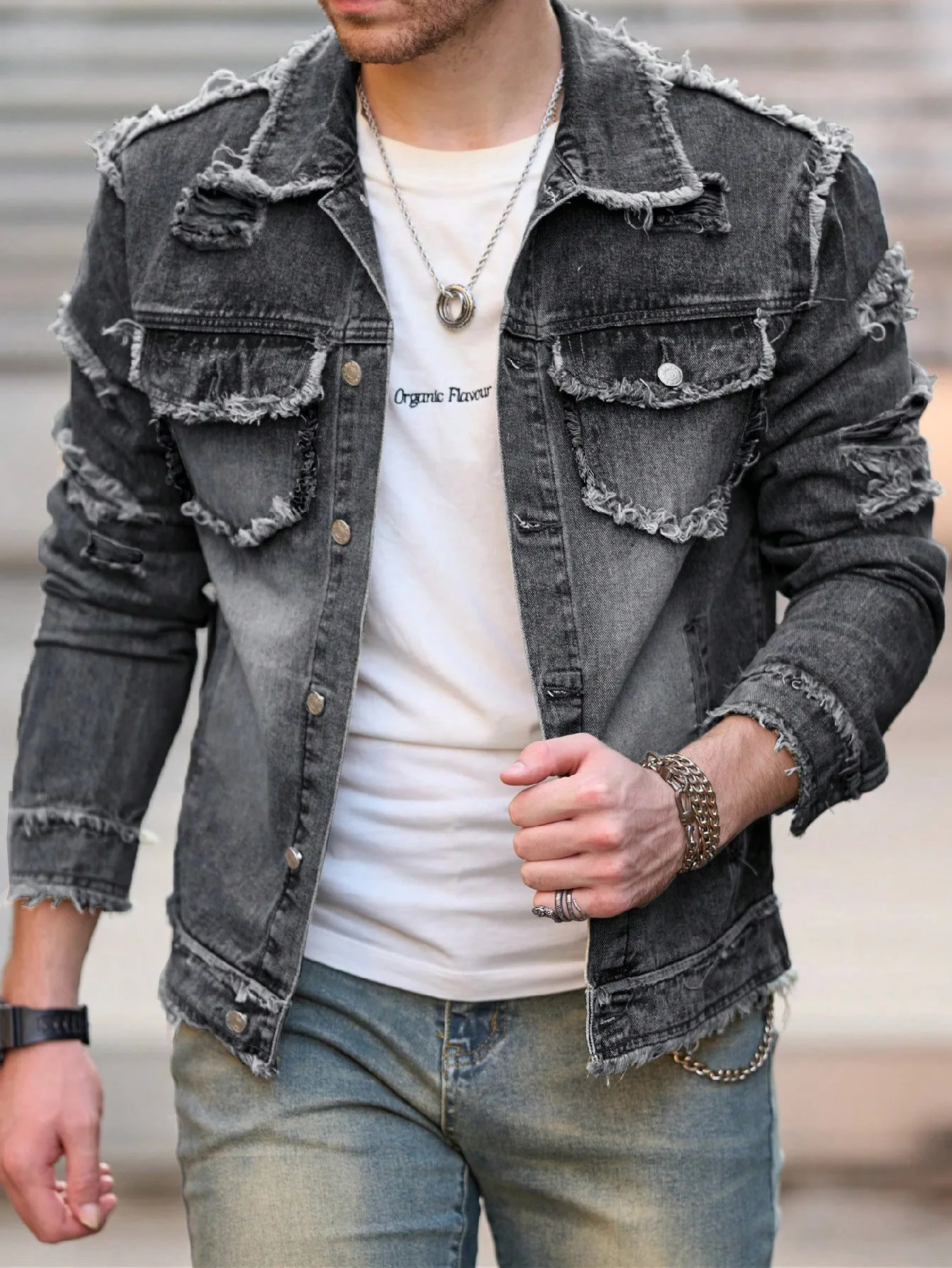 1pc Mens U2K Minimalist Style Ripped Raw Edge Casual Denim Jacket Stylish n for Everyday Wear Flight Denim 250614