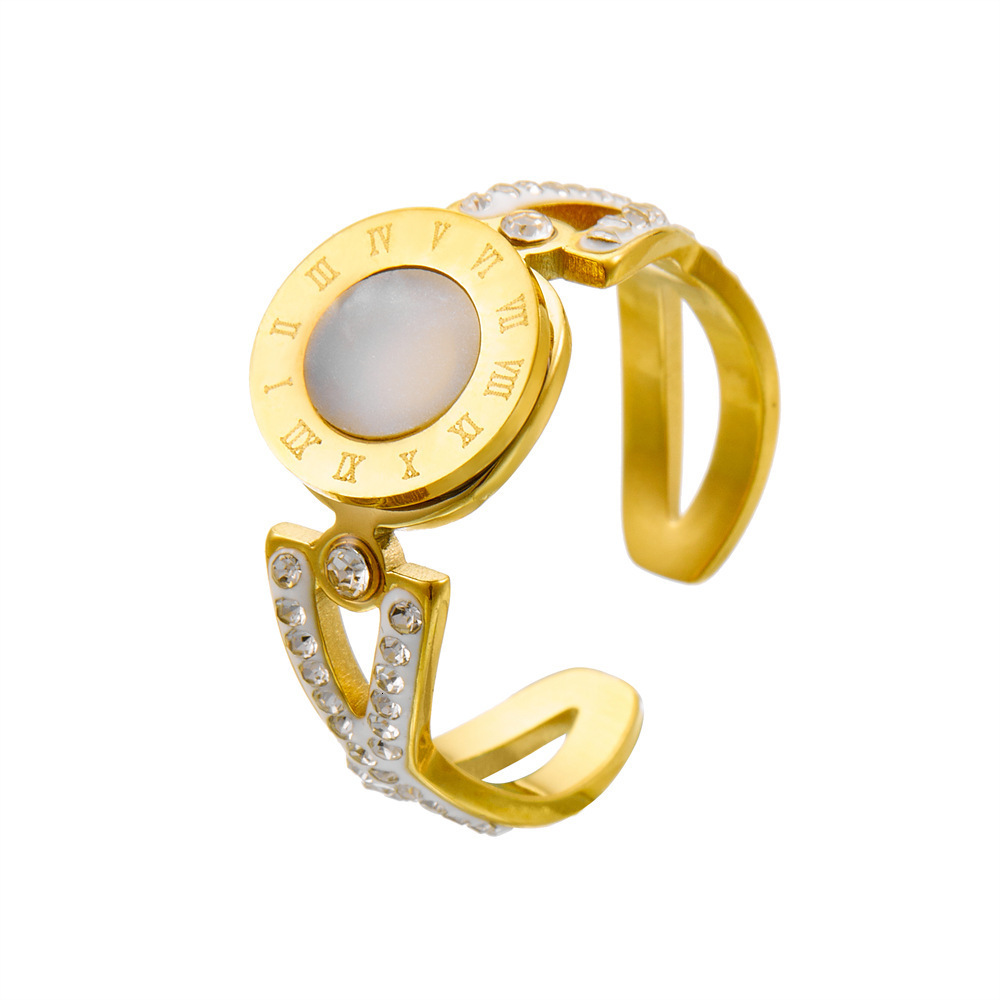 Fashion Simple Luxury Temperament Inlaid Diamond Mother-of-Pearl Roman Numeral Ring for Women Titanium Steel Non-Fading Band