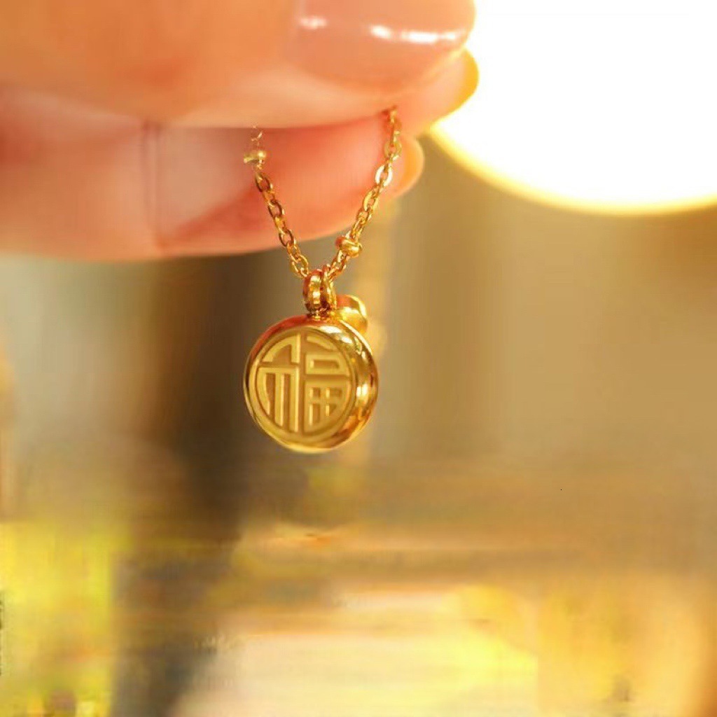 Fashion Trend Light Style Simple Personality Inlaid Cat's Eye Stone Fu Character Necklace for Women Niche Titanium Steel Non-Fading Jewelry