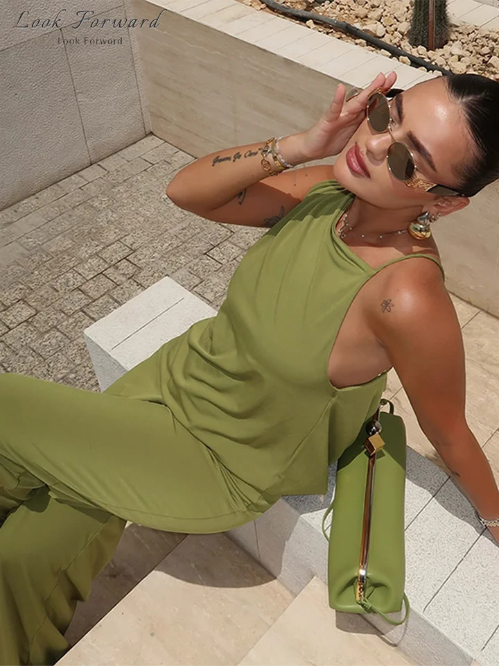 Halter Top Trouser Suit Satin Backless Irregular Vests Wide Leg Pants Sets Spring Summer Holiday Green Elegant Set Lady 250614