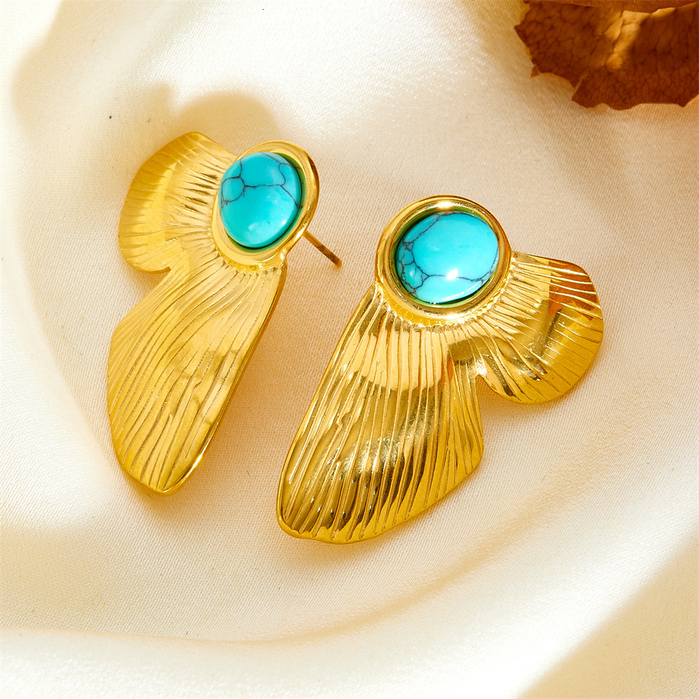 Style Gold Stainless Steel Turquoise Drop Earrings Niche High-end Non-fading Exaggerated Ear Jewelry