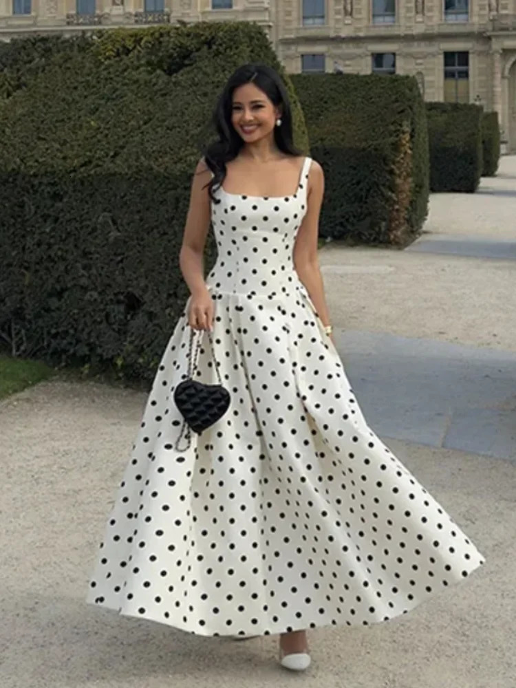 Polka Dot Maxi Dresses Women Elegant Square Neck Lotus Hem Long Gowns Chic Lady Sleeveless High Waist Cinched Summer Robes 250611