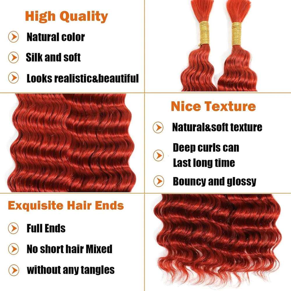 28inch 350# Ginger Orange Deep Wave Human for Braiding 100% Unprocessed No Weft Vingin Hair Bulk Extensions