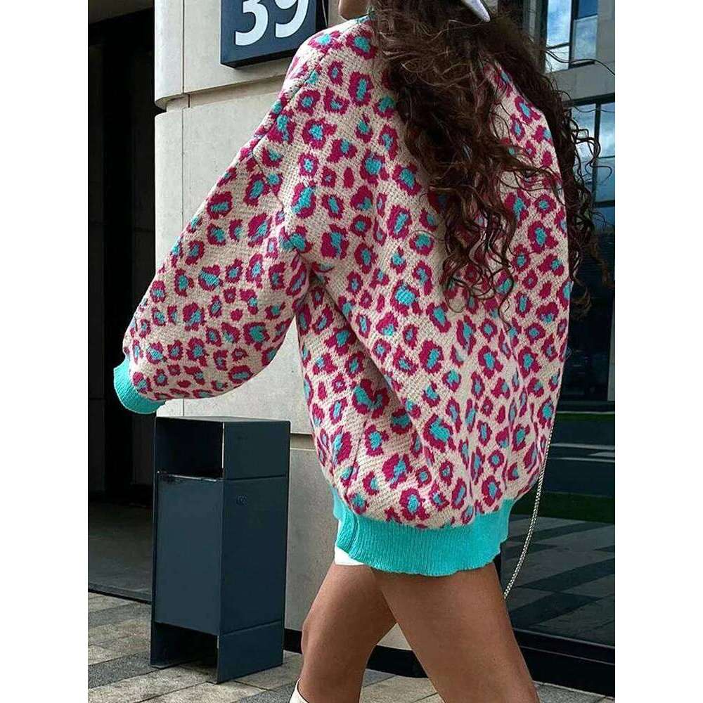 Aoaiiys Leopard Knitted Cardigan for Women Sweater Contrast Color Button V-neck Long Sleeve Coat Autumn Winter Fashion Cardigans