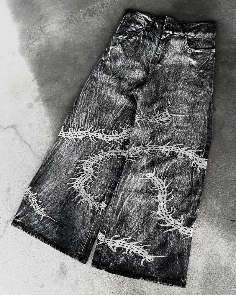 90s Gothic Centipede y Washed Oversized WideLeg Pants Jeans Men Y2K Harajuku Punk HipHop Rock Couple Street Wear 250614