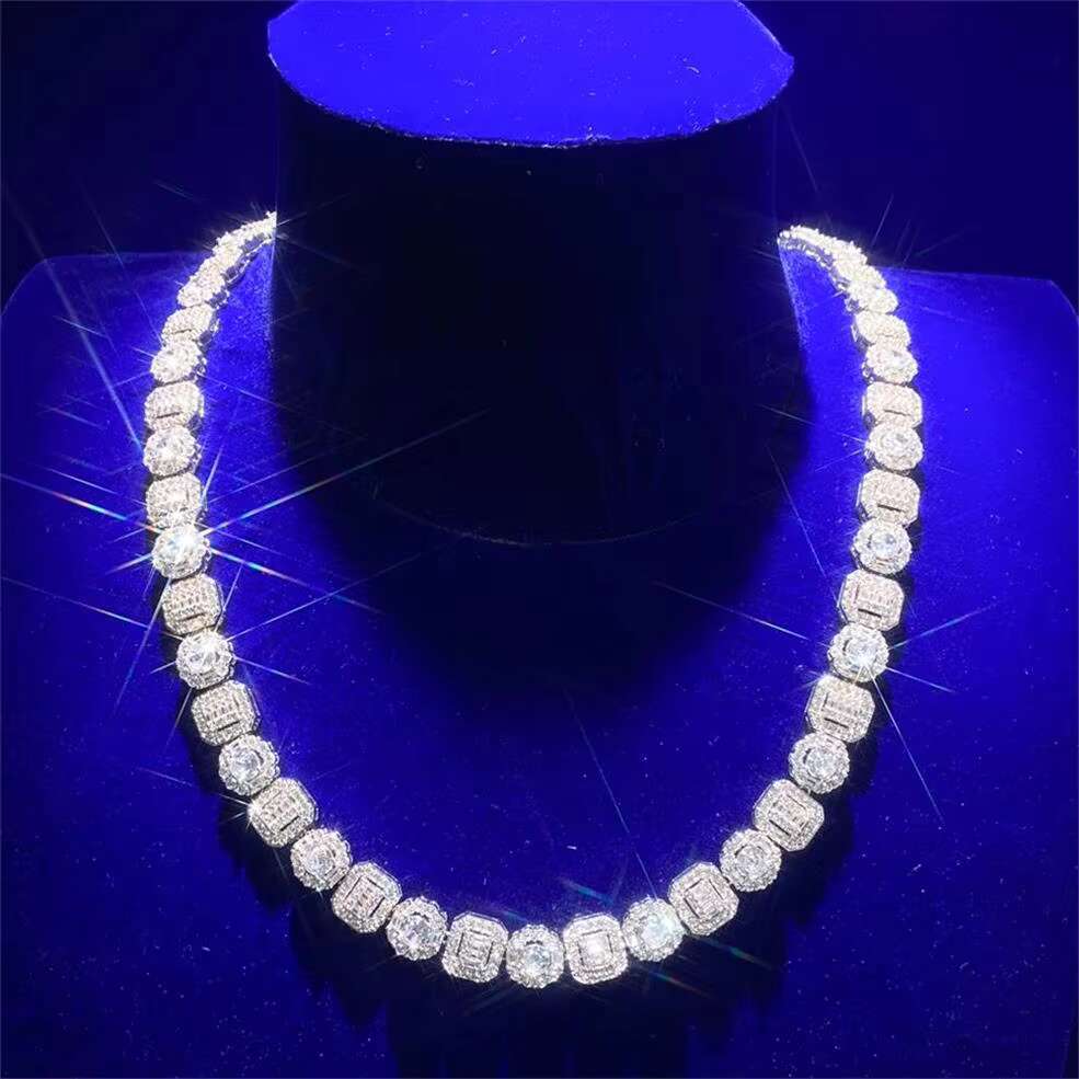 Hip Hop Baguette Iec Out Vvs Moissanite Diamond 10mm Square Halo Bling Cluster Tennis Chain Necklace for Men