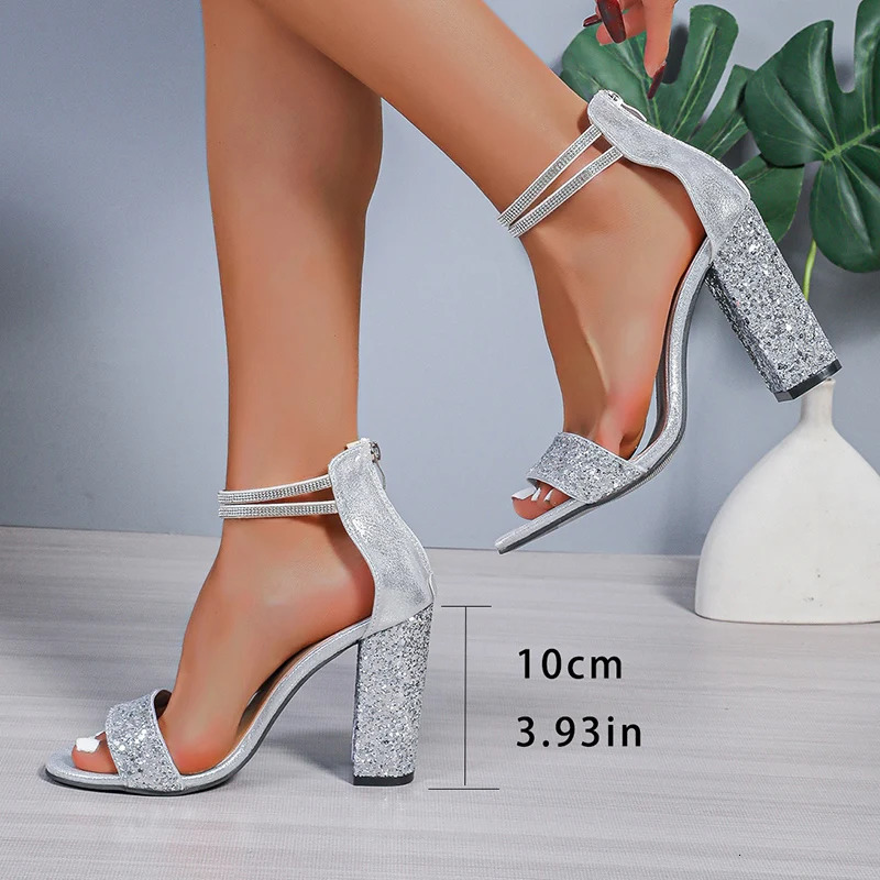 Shiny Sequin Silver High Heels Sandals Women Crystal Ankle Straps Party Shoes Woman 2025 Summer Pointed Toe Thick Heeled Sandals 250610