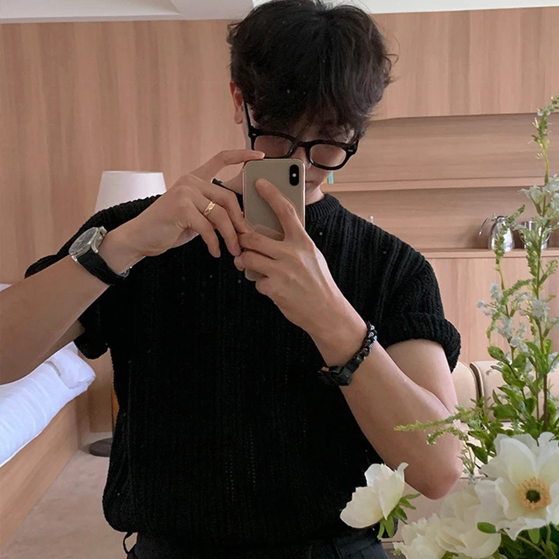 Mens Clothing Light Hollow Out O Neck Knit T Shirt Leisure Solid Color Short Sleeve Korean Retro Knitwear M-2XL 250614