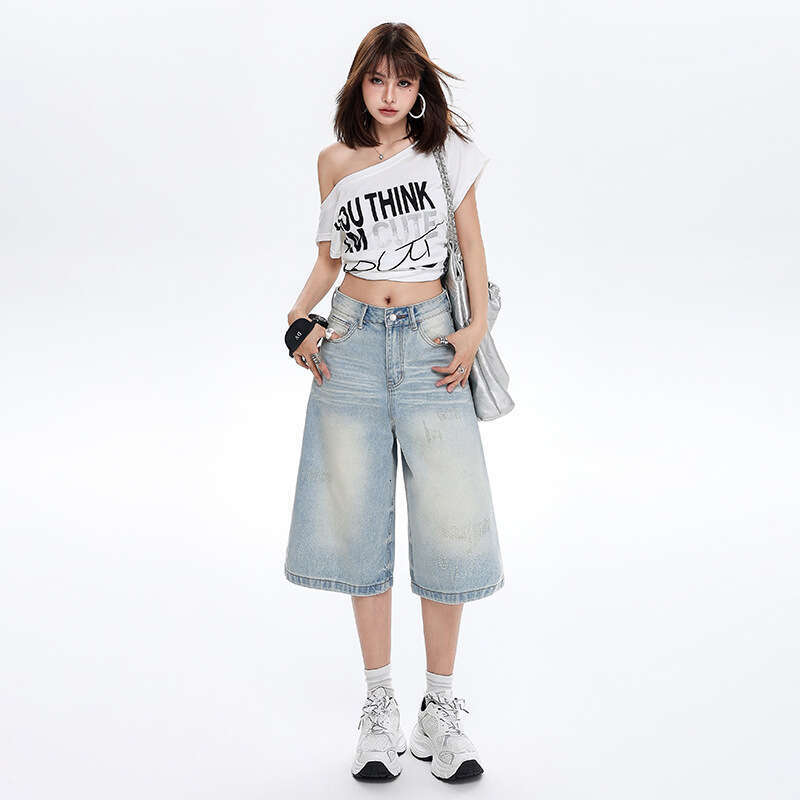 American Street Denim Capri Pants for Women, Summer New Washed Faded Loose High Waist Straight Wide Leg Shorts designer bag