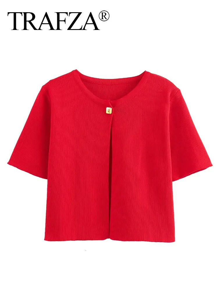 TRAFZA Women Elegant Solid Cardigan Coat Jackets Short Sleeve Metal Button Thin Knitted Shirt Female Y2K Cropped Top Outerwear 250612