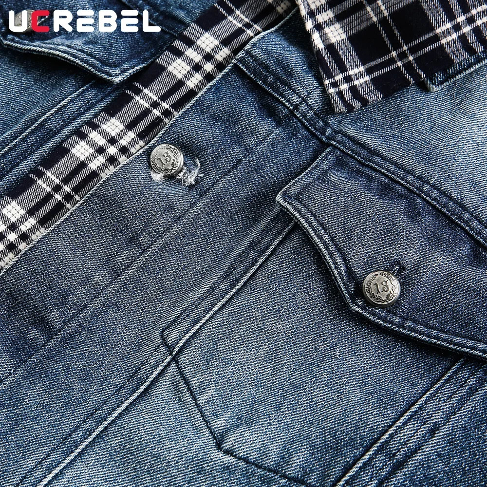 Plaid Patchwork Denim Jacket Mens High Street Autumn Lapel Single Breasted Long Sleeve Outerwear Jeans Jacket 250614