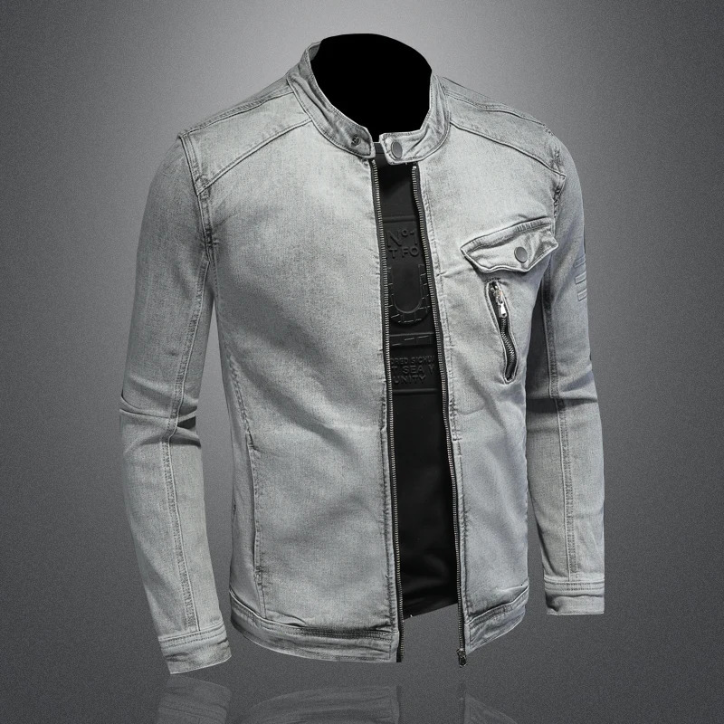 Men Moto Biker Streetwear Denim Jackets Vintage Gray Bomber Jacket Outerwear Male Casual Cotton Stand Collar Coats 250614