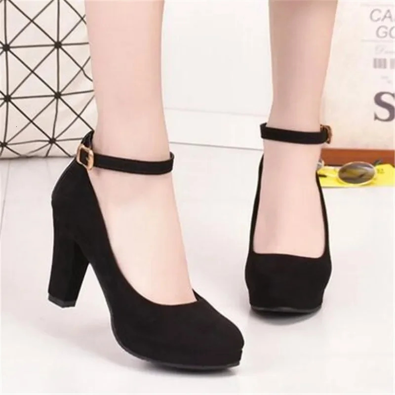 Spring Women Pumps Flock Sweet Thick High Heels Ankle Strap Female Platform Classic Round Toe Dress Cute Shoes Ladies Footwear 250614