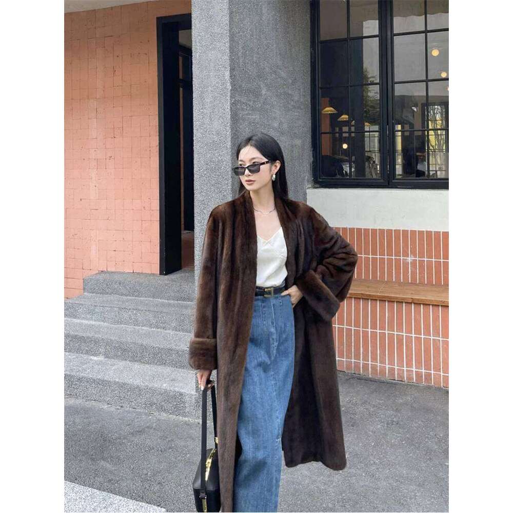 2024 Women Winter Jacket V-Neck Loose Fashionable Warm Ecological Mink Fur Lady Coat Casual Long Parkas Brown