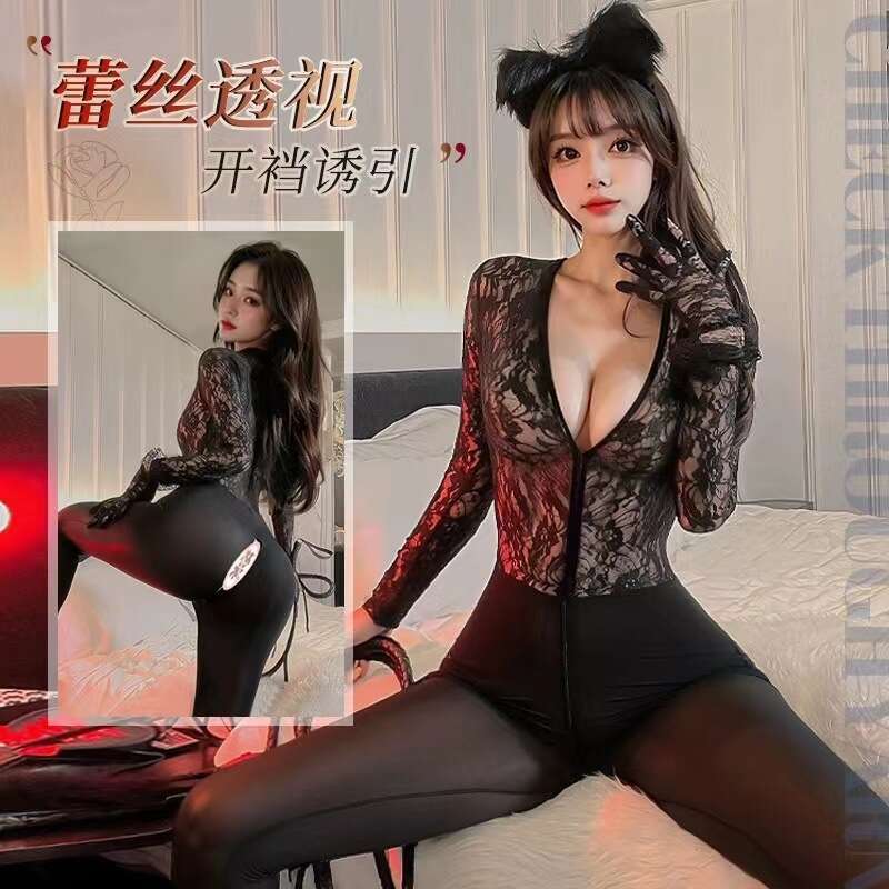 Spell Lingerie Porn Suits Sexy Lingerie Women S Lace See Through Double Zipper Crotchless Tight Fitting Plus Size One Piece Bodysuit F Sexy Lingerie