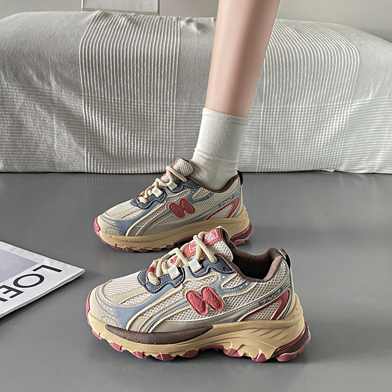 2025 Spring and Autumn Arrival Color - Blocked Laced Casual Shoes Breathable Running Shoes Versatile Athletic Dad Shoes for Women