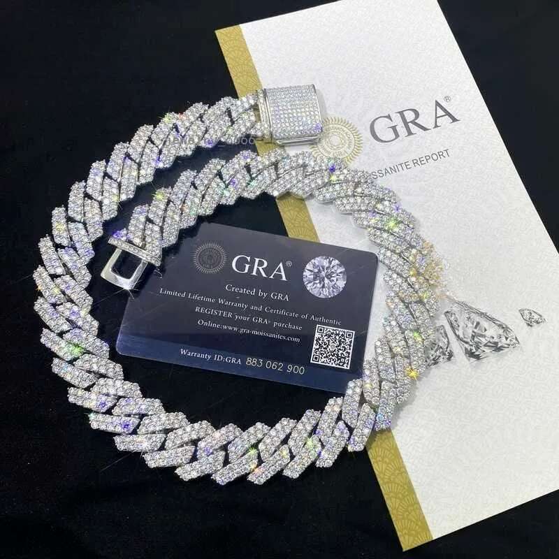 Pass Dia Tester GRA Moissanite dia 20mm Wide 2Rows sterling Sier Cuban link chain for Rapper Hip Hop Necklace