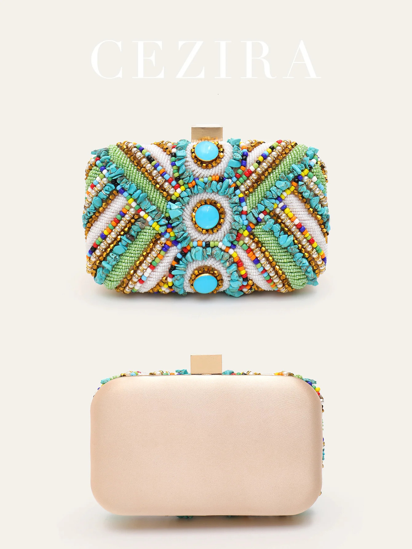 CEZIRA Womens Glamorous Luxury Colorful Beads Pearls Clutch Metal Frame Case Evening Bag Long Chain Purse Party Wedding Holiday 250614