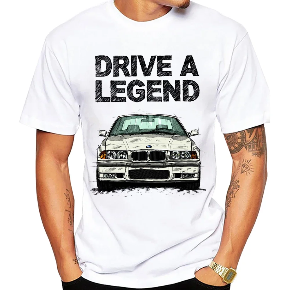 90s Summer Men's Short-sleeved Harajuku BM Car Design Boys' Casual Top White T-shirt