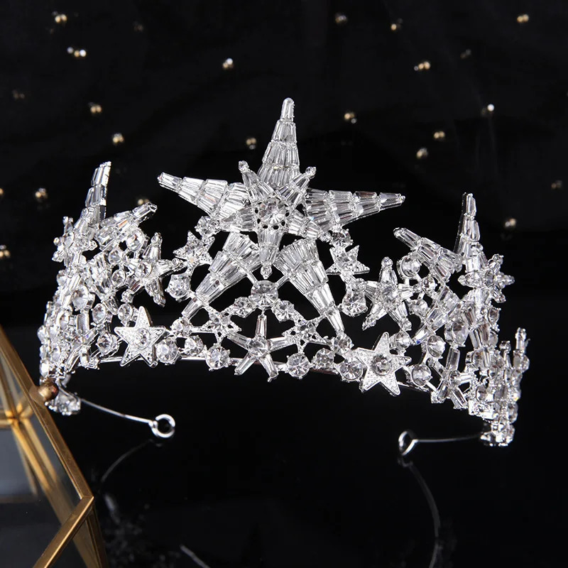 Baroque Sparkling Crystal Star Bridal Tiaras Crown Big Rhinestone Pageant Diadema Bride Headband Wedding Hair Accessories 250610