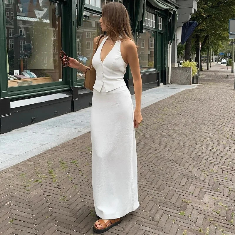 Women 2 Piece Summer Outfits Solid Color Button Halter Tops and Slit Long Skirt Set for Streetwear y2k Aesthetic Clothes 250609