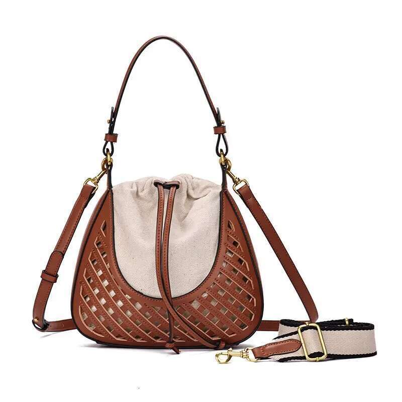 French Style Soft Leather Woven Hollow Out Bucket 2025 Summer New Trend Small Top-Handle Handbags Travel Vacation Beach Bag