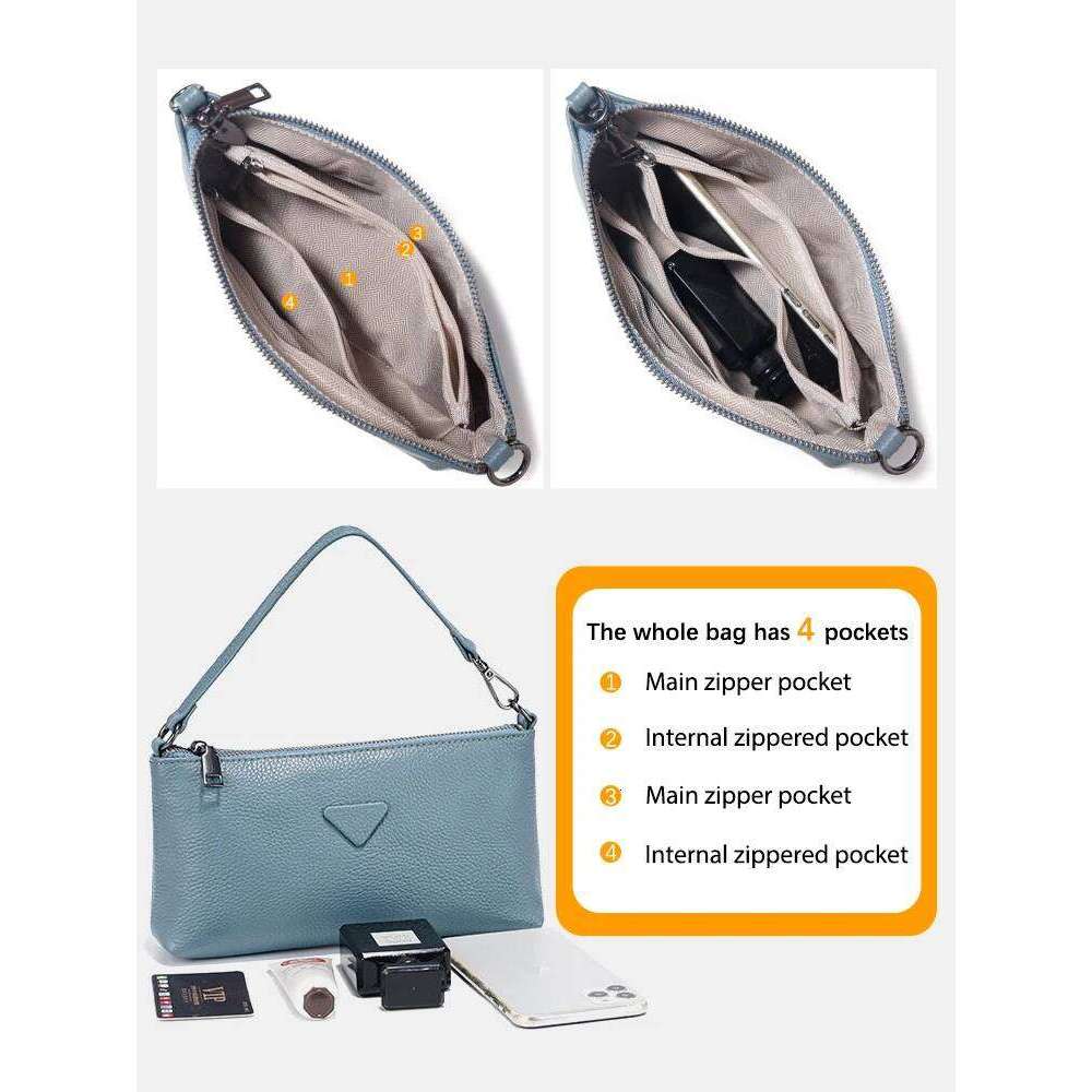 Zency Genuine Leather Small Summer Handbag Solid Color Shoulder Clutch With 2 Straps Zip Purse For Women