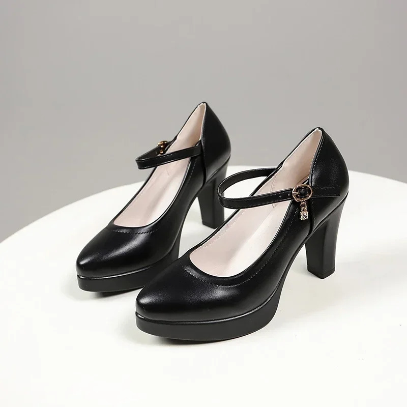 Ankle Strap Thick Heels Pumps for Women Pu Leather Office High Heeled Shoes Womans Elegant Platform Mary Jane Shoes Casual 250614