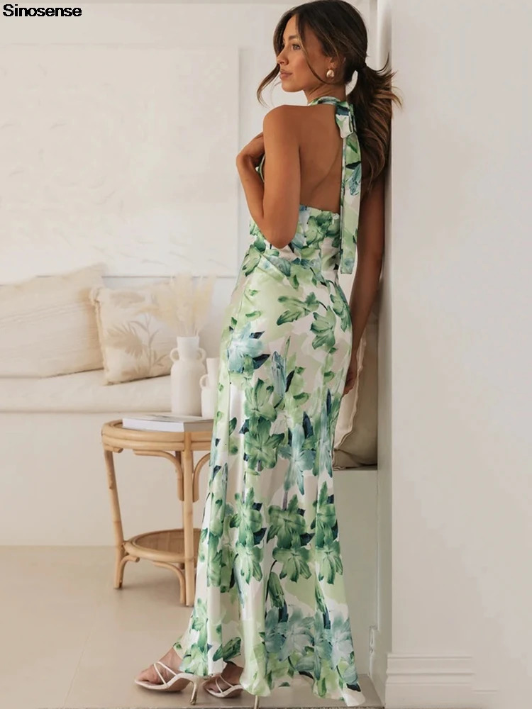 Womens Floral Maxi Dress Sexy Halter Backless Lace Up Summer Boho Beach Holiday Elegant Long Evening Cocktail Party Dress 250611
