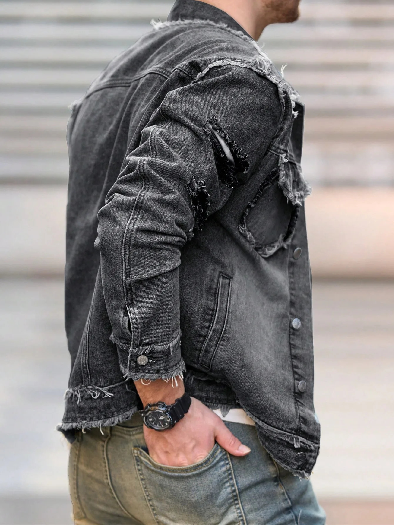 1pc Mens U2K Minimalist Style Ripped Raw Edge Casual Denim Jacket Stylish n for Everyday Wear Flight Denim 250614
