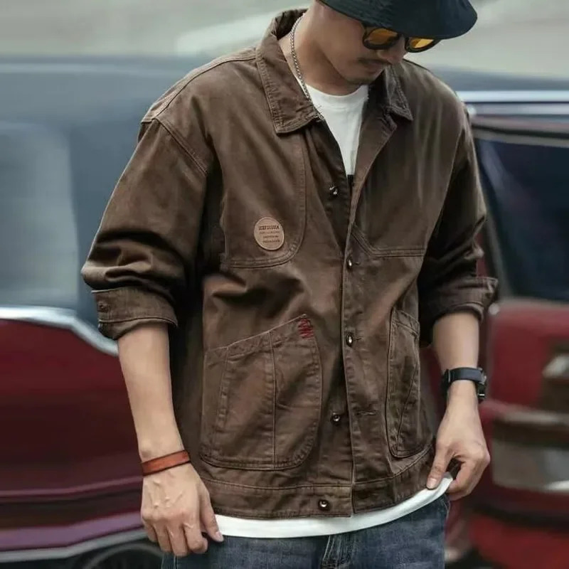 Plus Size Mens Denim Jacket Brown Autumn Male Jean Coats y Fabric Fashion Winter Outerwear High Quality in Vintage L 250614