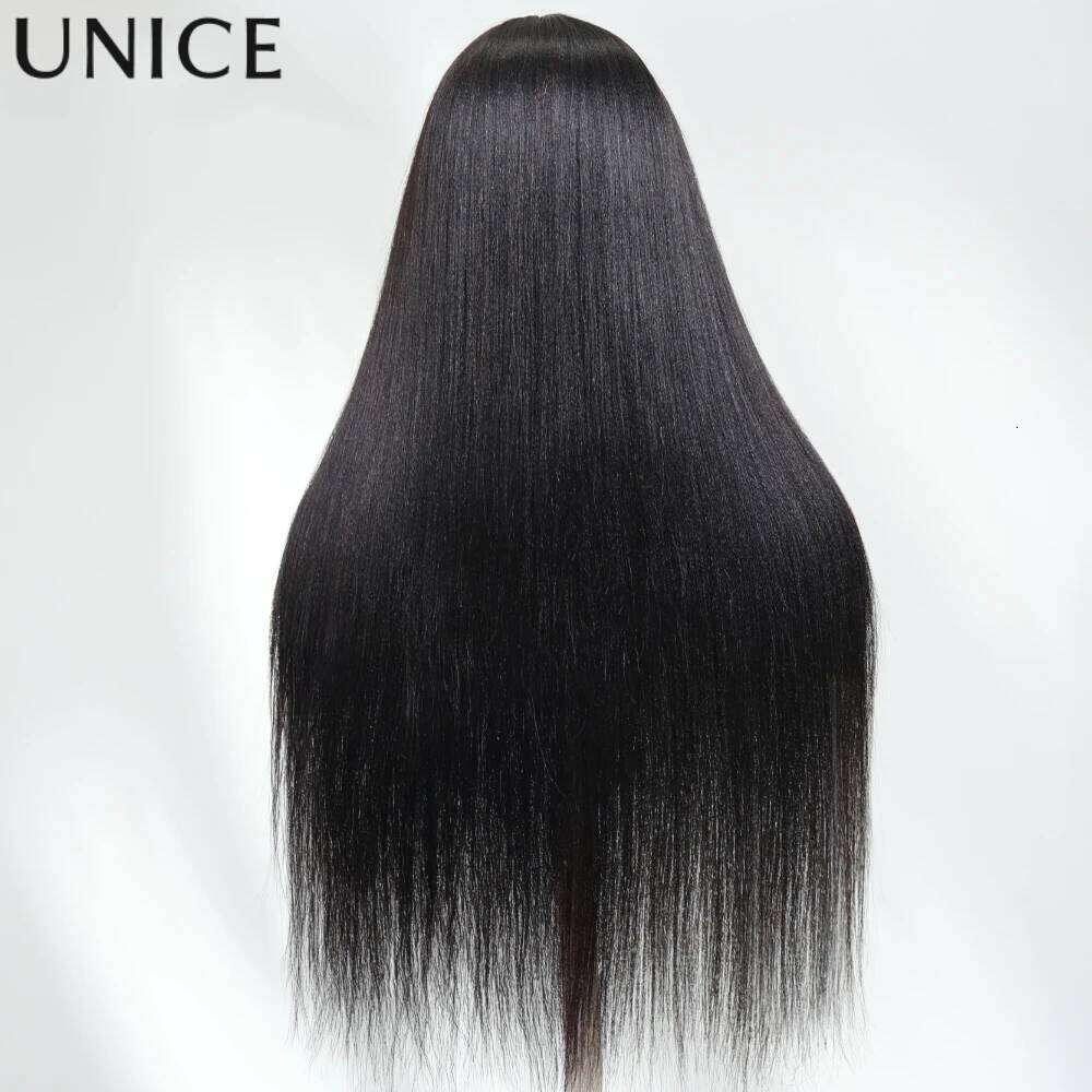Unice Yaki Straight With Bangs Layered Cut Human Hair Wigs Breathable Cap Full hine Made Wig 150% Density