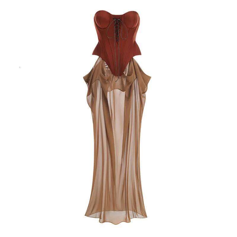 Fashion New Retro Bandage Design Strapless Patchwork Long Dresses For Women Elegant Evening Party Dress Female