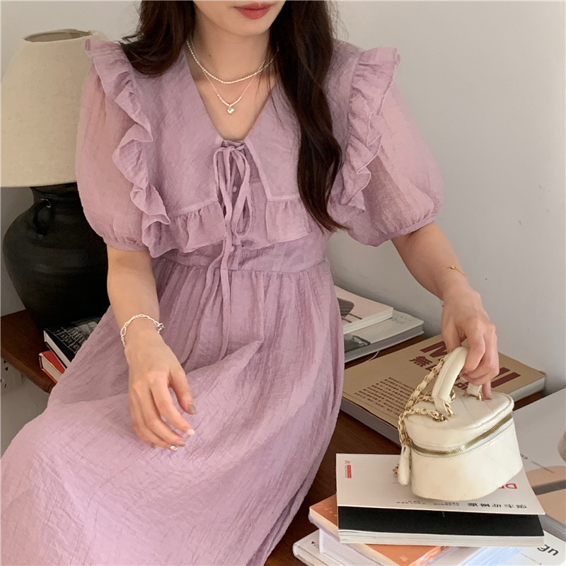 HL223 New high-grade ruffled fairy skirt French V-neck waist slim long skirt