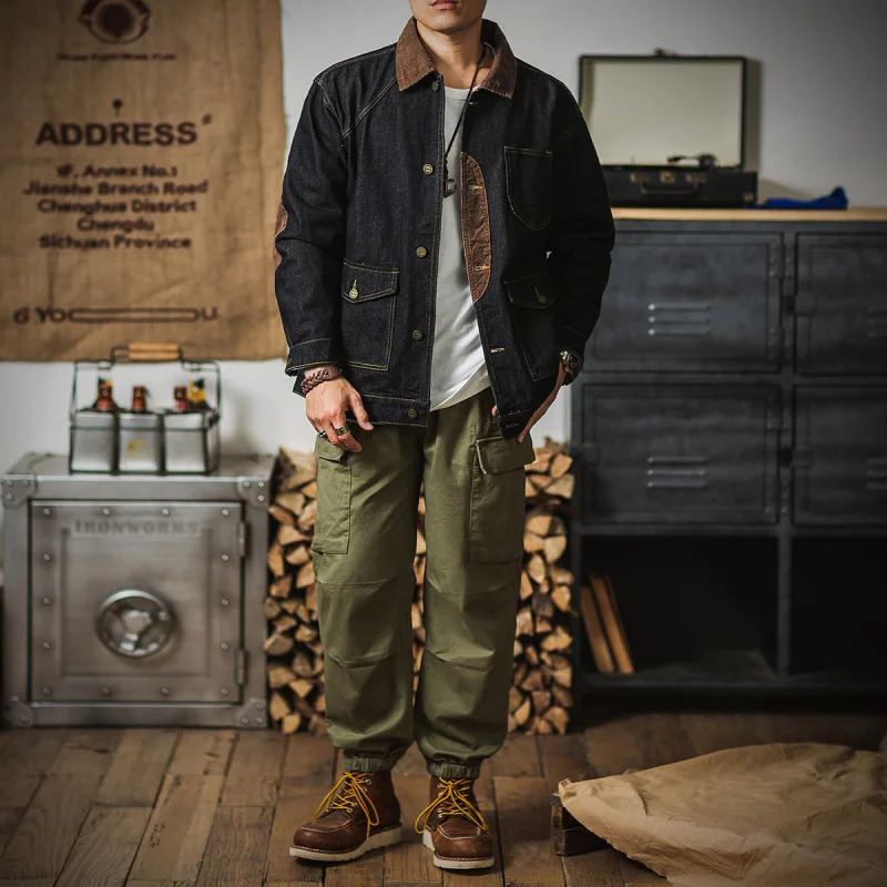 GIOIOMens denim jacketSpring and Autumn Loose Retro Workwear Denim JacketLapelColorBlock Mens Jacket 250614