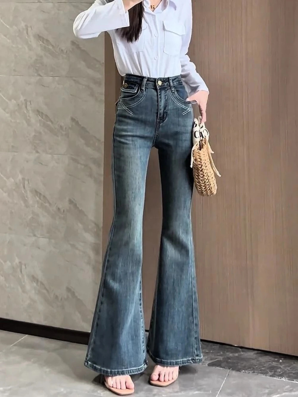 Aesthetic Fitted Woman Flare Jeans Retro Fashion Casual Slim Fit Denim Pants for Women In 2000s Y2k High Waist S Trousers 250612