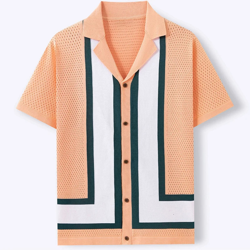 Men Hollow Out Striped Tops Casual Suit Collar Knit Polo Shirt Fashion Short Sleeve T-shirt Leisure Summer Streetwear 250614