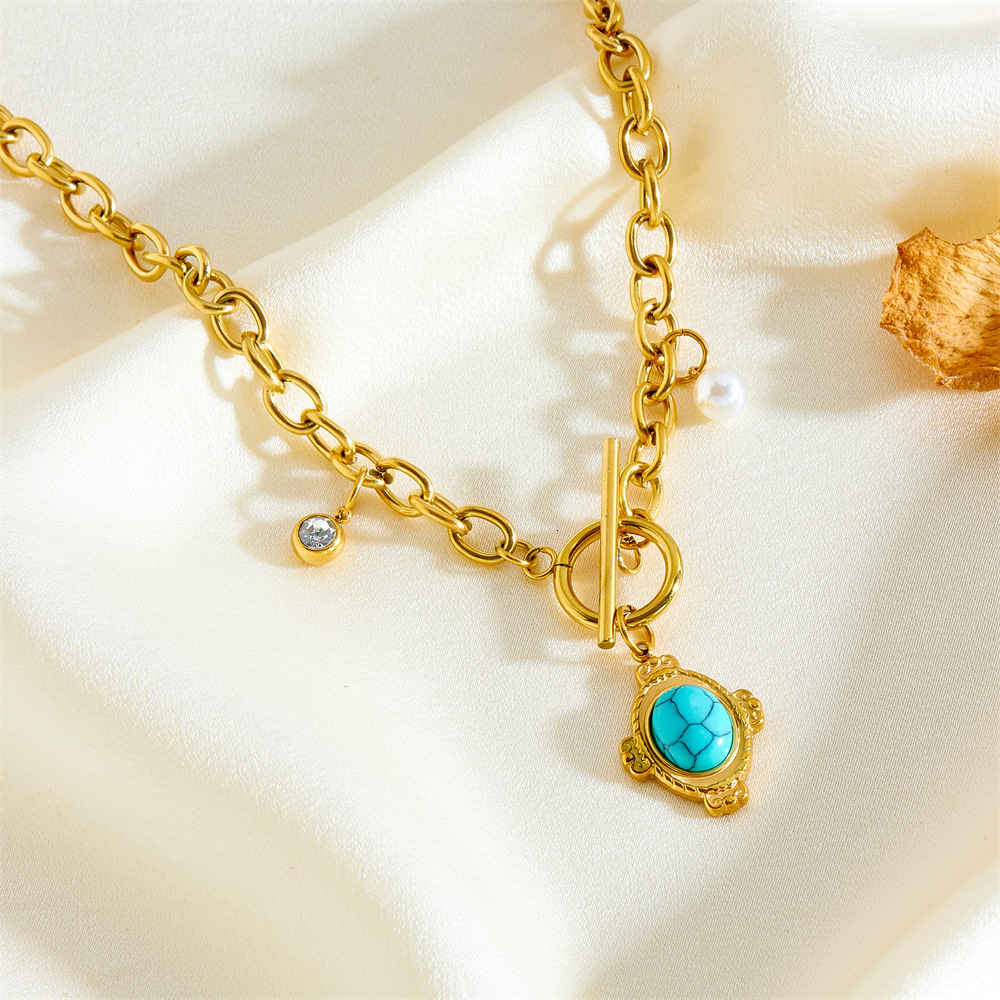 Fashion Style Personality Exaggerated Buckle Inlaid Pearl Turquoise Necklace for Women Titanium Steel Non-Fading Jewelry
