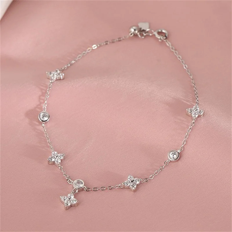 925 Silver Plated Shiny Zircon Flower Charm Bracelet for Women Fashion Simple Chain Bracelets Wedding Jewelry e4 250610