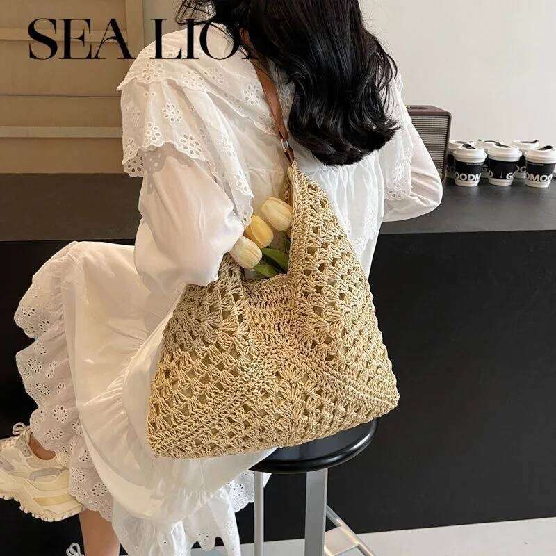 Summer Straw Hollow Out Hobo Large Vacation Bag Solid Color Holiday Travel Handbag Boho Shoulder Purse For Women