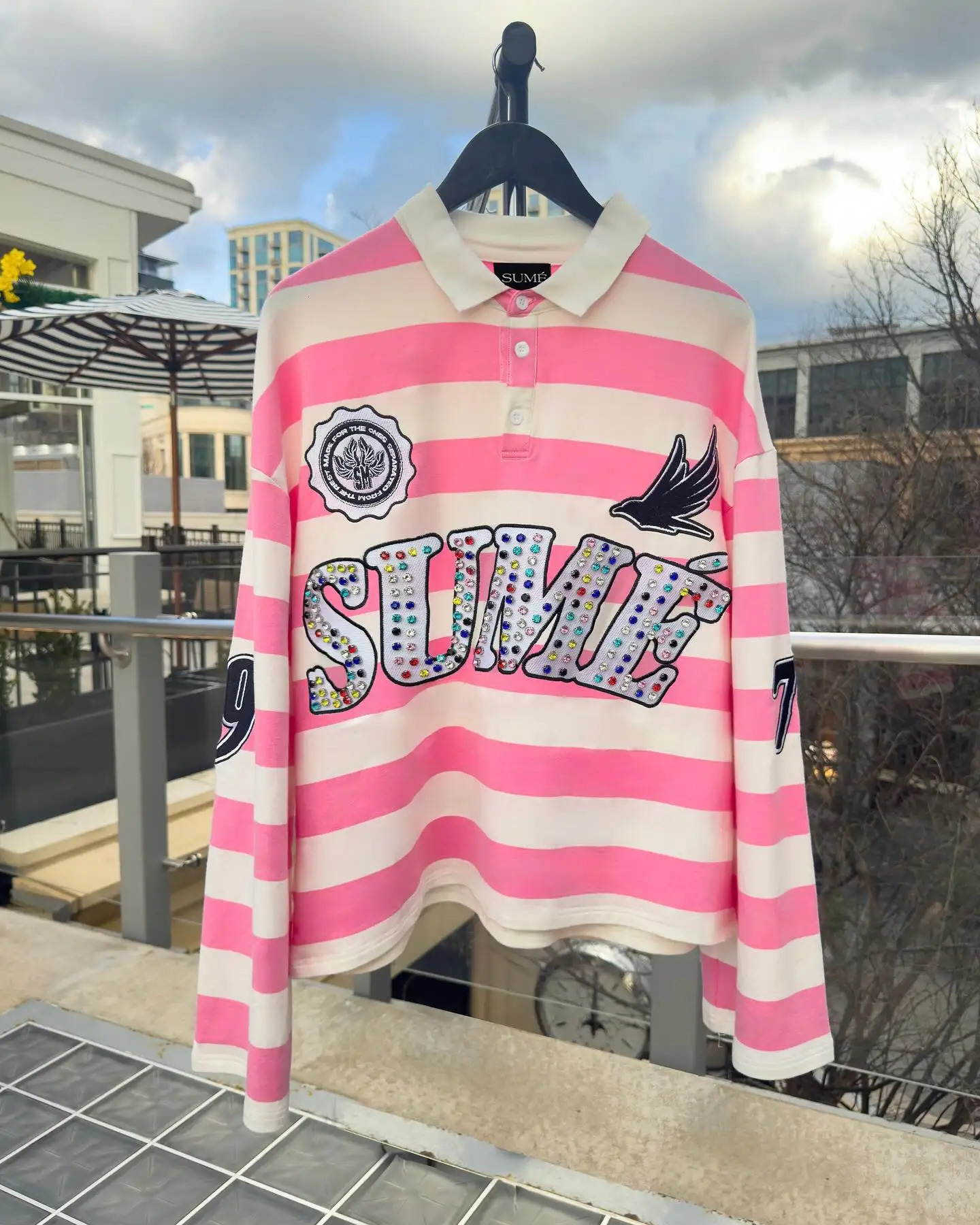 Sume Gothic Klein Stone Embroidery Loose Long Sleeved T Shirt Y2k Harajuku Hip Hop Men Women Stripe Polo Shirt Lapel Neck Shirt 250614