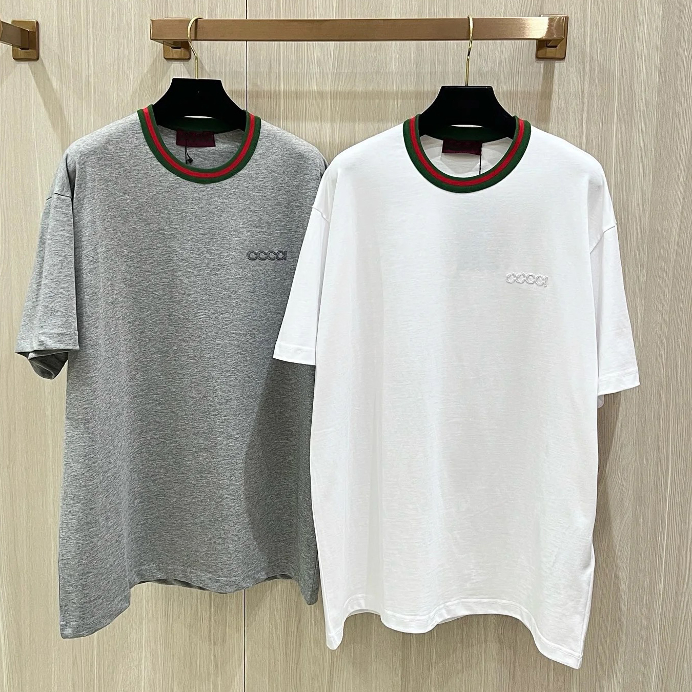 High quality designer men's T-shirt, fashionable pure cotton letter embroidered T-shirt, red and green dual color round neck loose top, summer casual sports men's T-shirt