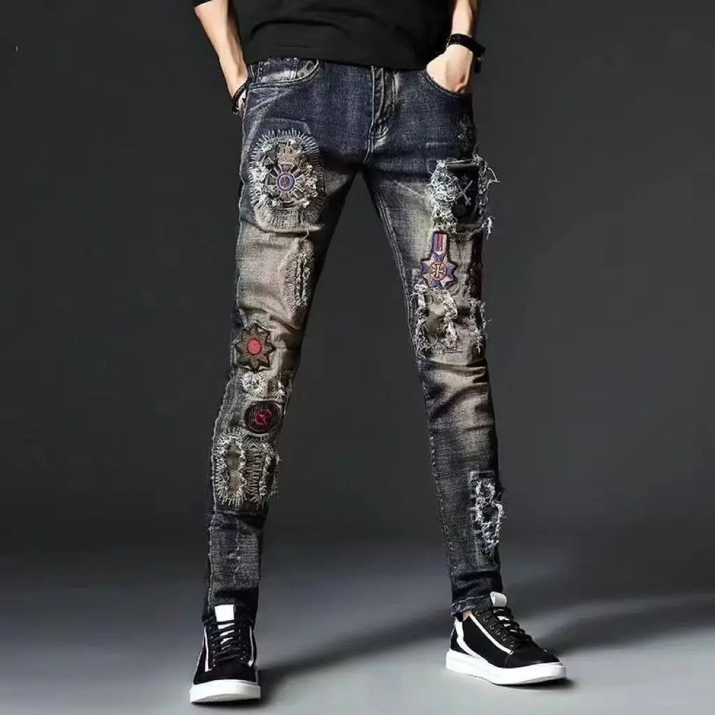 Ripped Hole Destroyed Punk Hip Hop Jeans Men Washed Vintage Brushed Stacked Denim Pants 250614