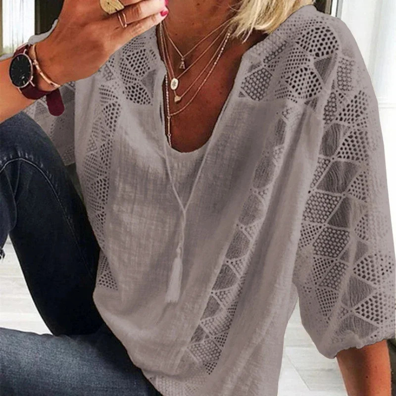 Elegant Summer Lace Stitching Blouse Women Vintage Uneck Tops Three Quarter Sleeve Cotton Shirt Casual Loose Clothes 24294 250614