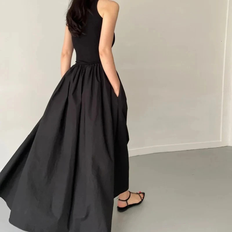 Summer Simple Elegant Black Long Dresses For Women Round Neck Sleeveless High Waist Temperament Female Fashion Style Dress 250611