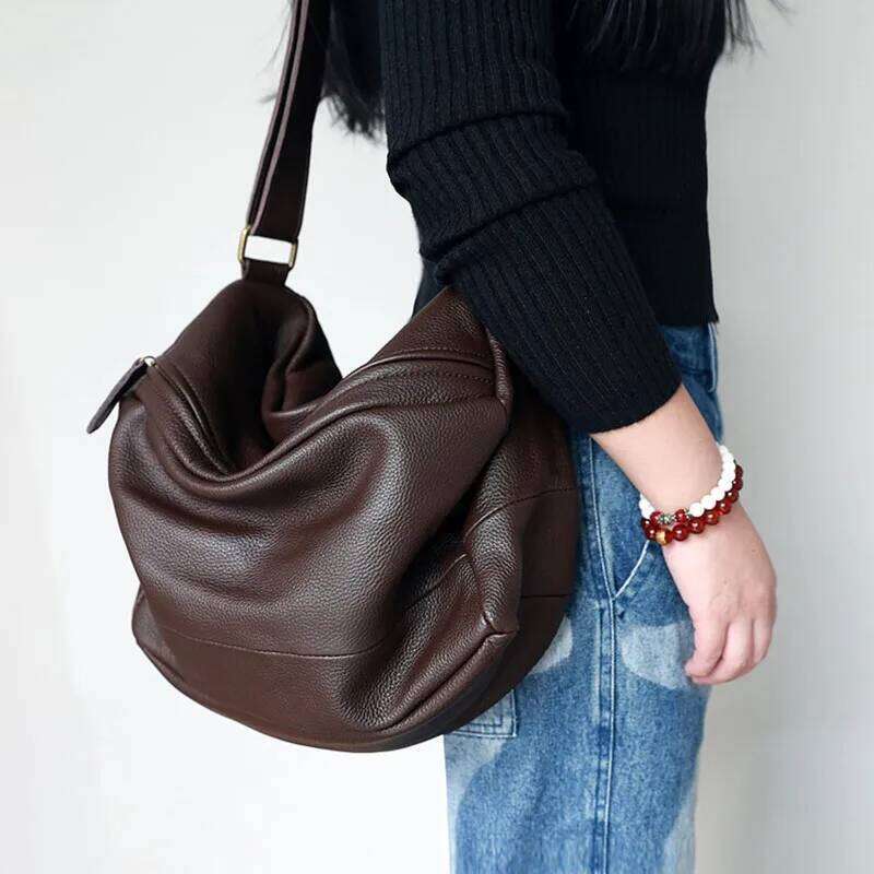Slouchy Style Women Square Crossbody Soft Genuine Leather Tote Handbag Purse Wide Strap Design Female Shoulder Messenger Bag