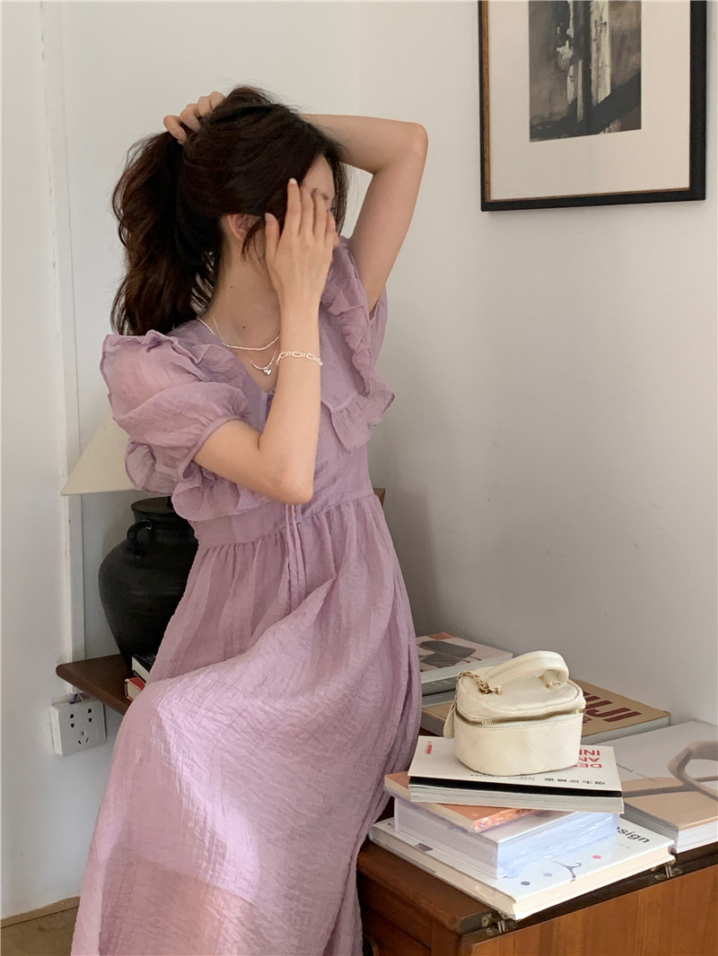 HL223 New high-grade ruffled fairy skirt French V-neck waist slim long skirt