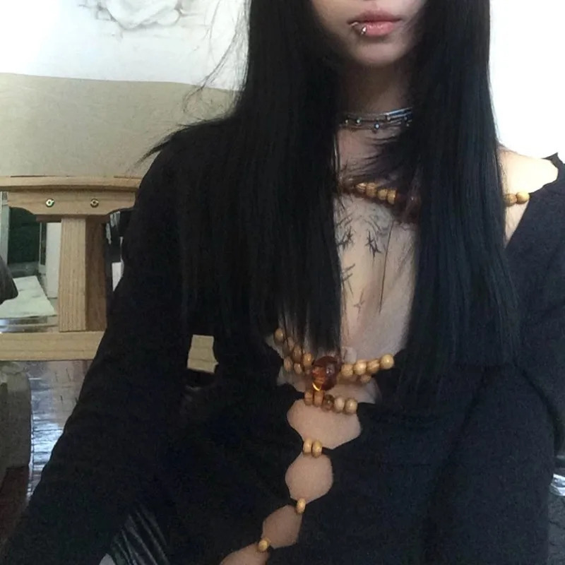 Karrram Japanese Y2k Hollow Out Tops Vintage Harajuku Beaded T Shirt 2000s Aesthetics Long Sleeve Slim T-shirts American Retro 250614